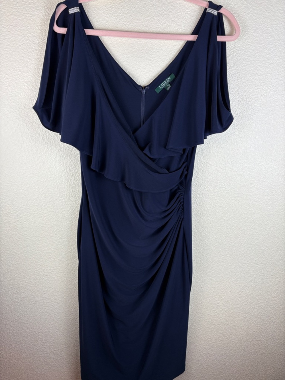 Lauren Ralph Lauren Navy Blue Stretch Jersey Flutter-Sleeve Ruched Dress Sz 12